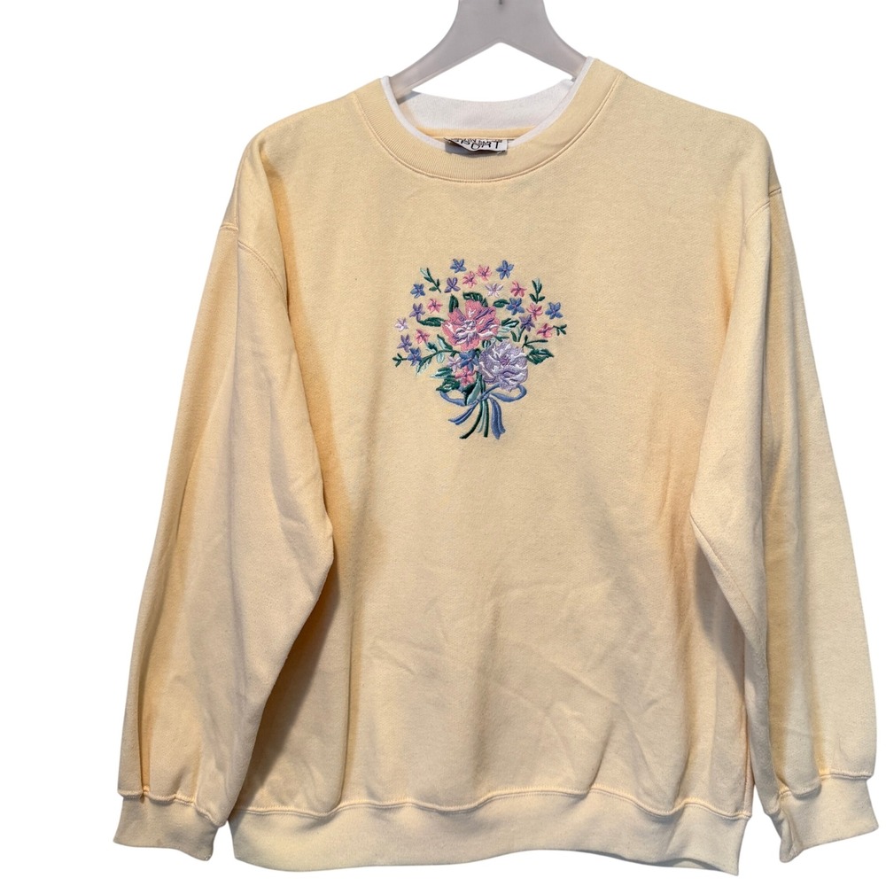 Jaclyn Smith Sport Women Yellow Embroidered Floral Sweatshirt Vintage Medium